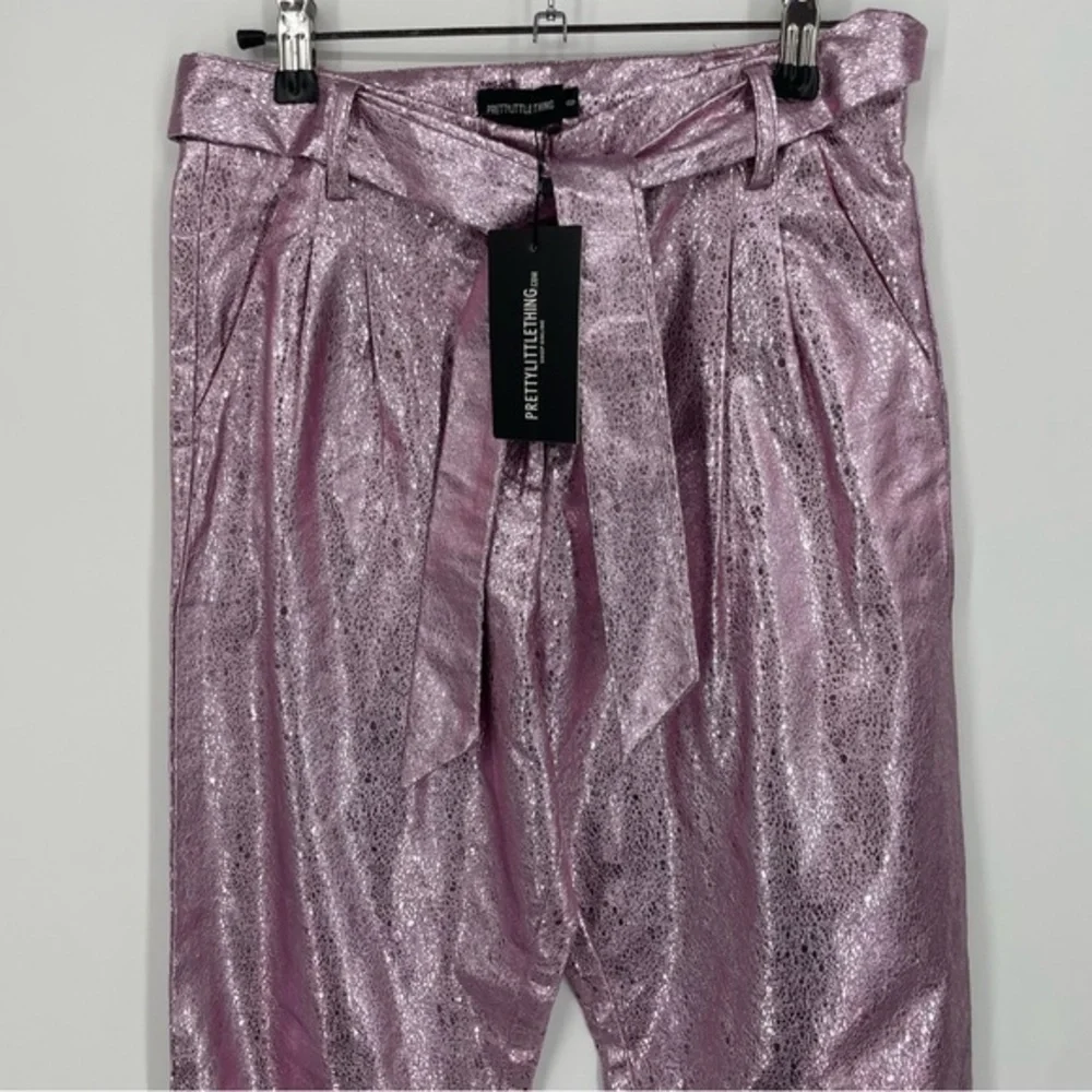 Pretty little‎ thing Pink Tie Waist Cracked Vinyl Crop Trousers